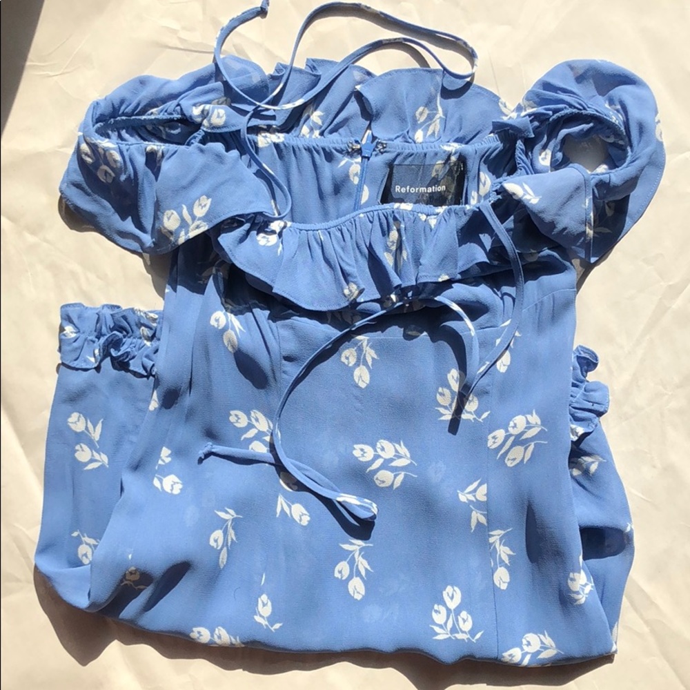 Reformation Blue Floral Ruffle Tie Dress NWOT, 2